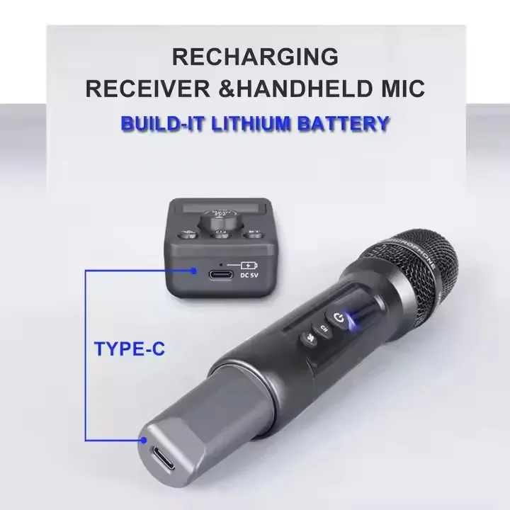 UHF Wireless Microphone AUX Use Microphone BT Recharging Anti Howling Effect Adjusted Echo Cancellation DSP Microphone