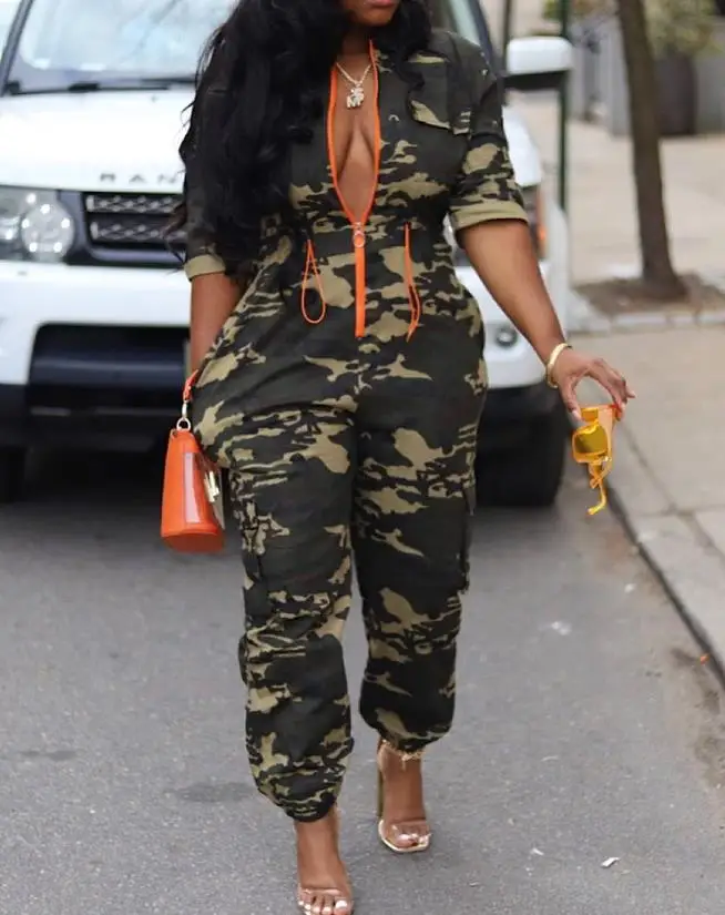 

Женский Повседневный комбинезон на молнии, длинный камуфляжный комбинезон с карманами и отложным воротником, уличная одежда, лето 2023