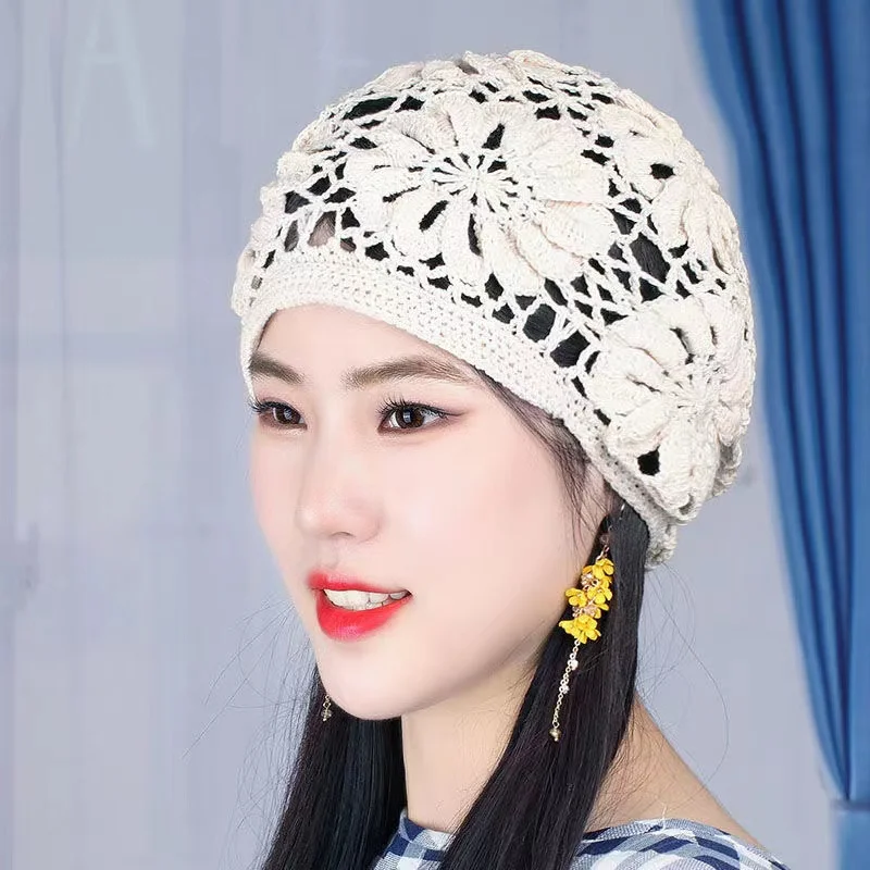 Gorro tejido a mano para mujer, gorros de lana de punto con huecos finos para primavera y otoño, Jersey a la moda para verano, gorro para palmaditas en la calle
