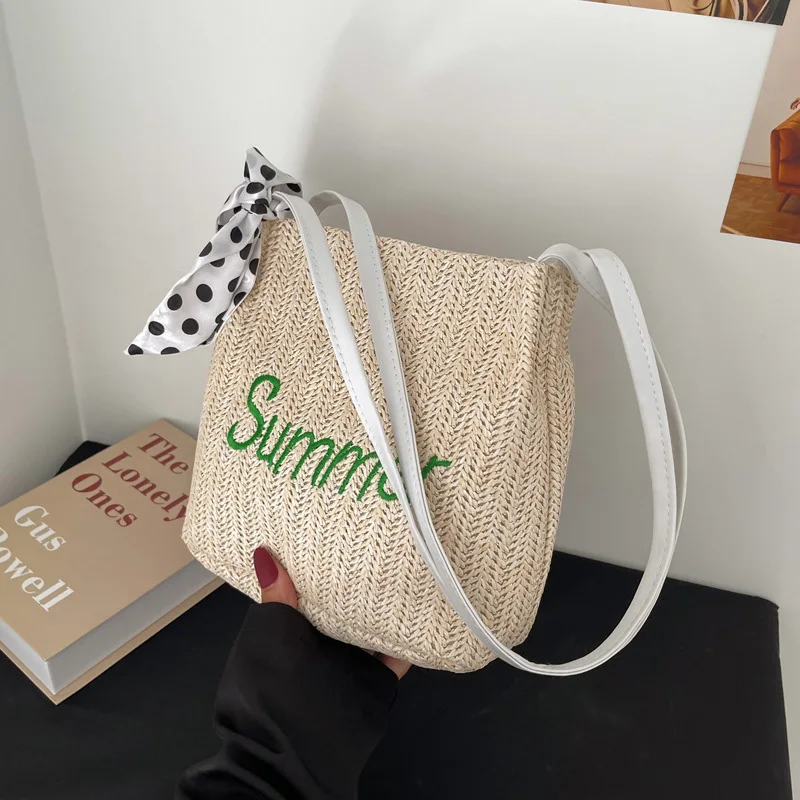 Summer Twilly Scarf Decor Straw Bag For Women New Trendy Vacation Beach Bag  Woven Handmade Bucket Bag Designer Purse - Shoulder Bags - AliExpress