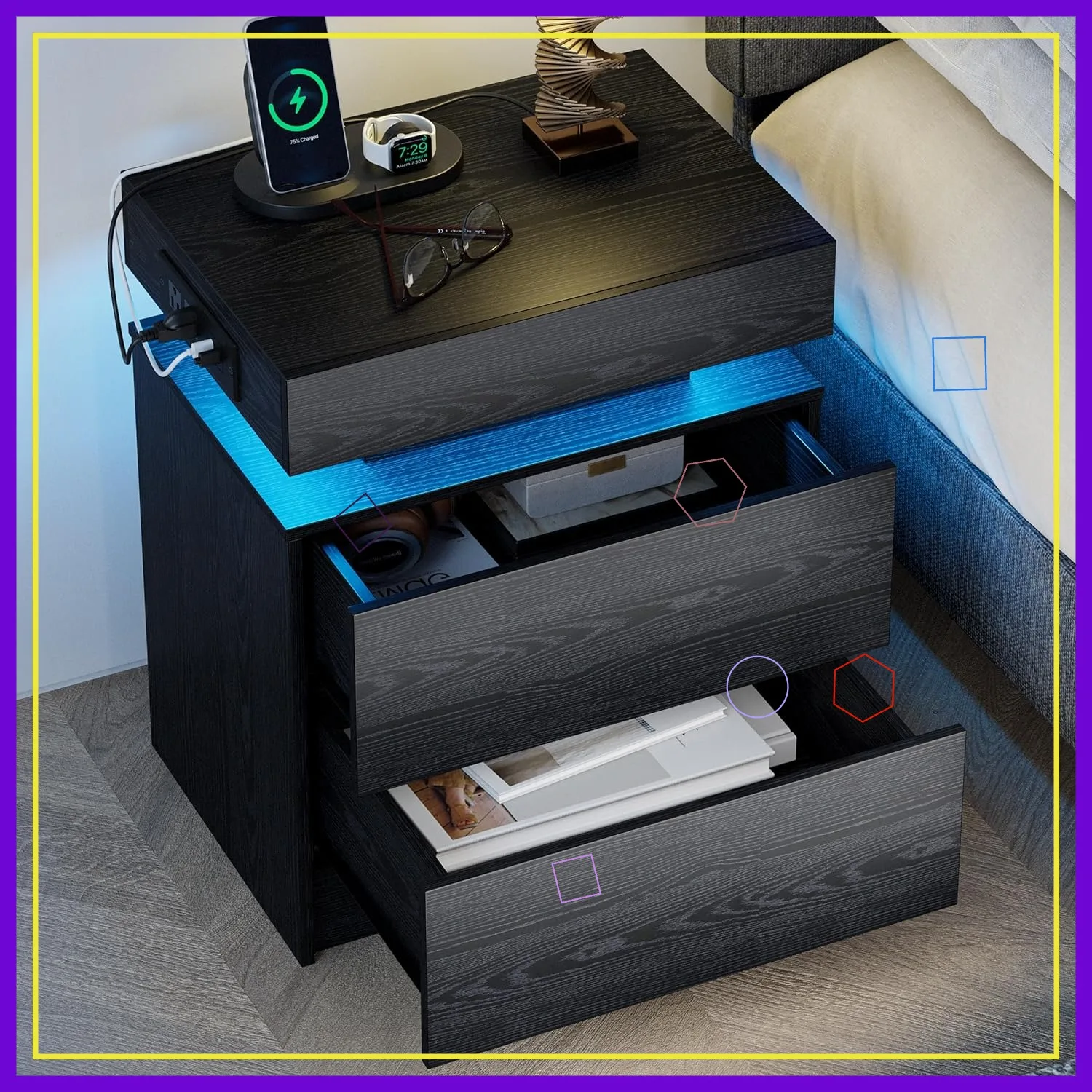 Modern nightstand with charging station and LED light - front view