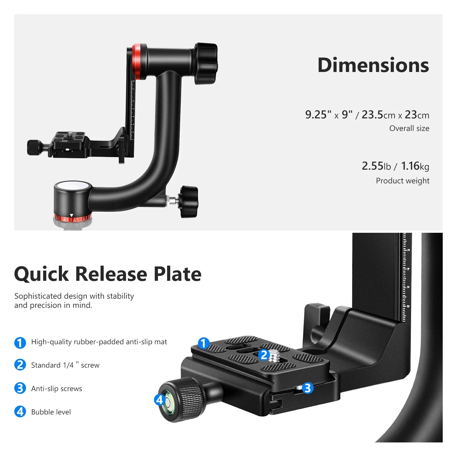 Lanxire Gimbal Tripod Head Aluminum Alloy with Arca Type Quick Release Plate 360&deg; Panoramic Shooting