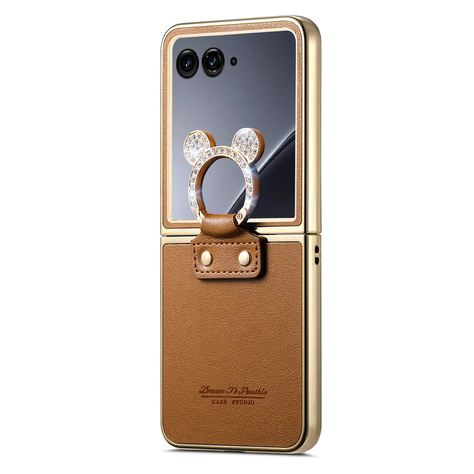 Elegant Magnetic Ring Holder Leather Case with Diamond Accents - Shockproof & Stylish Cover