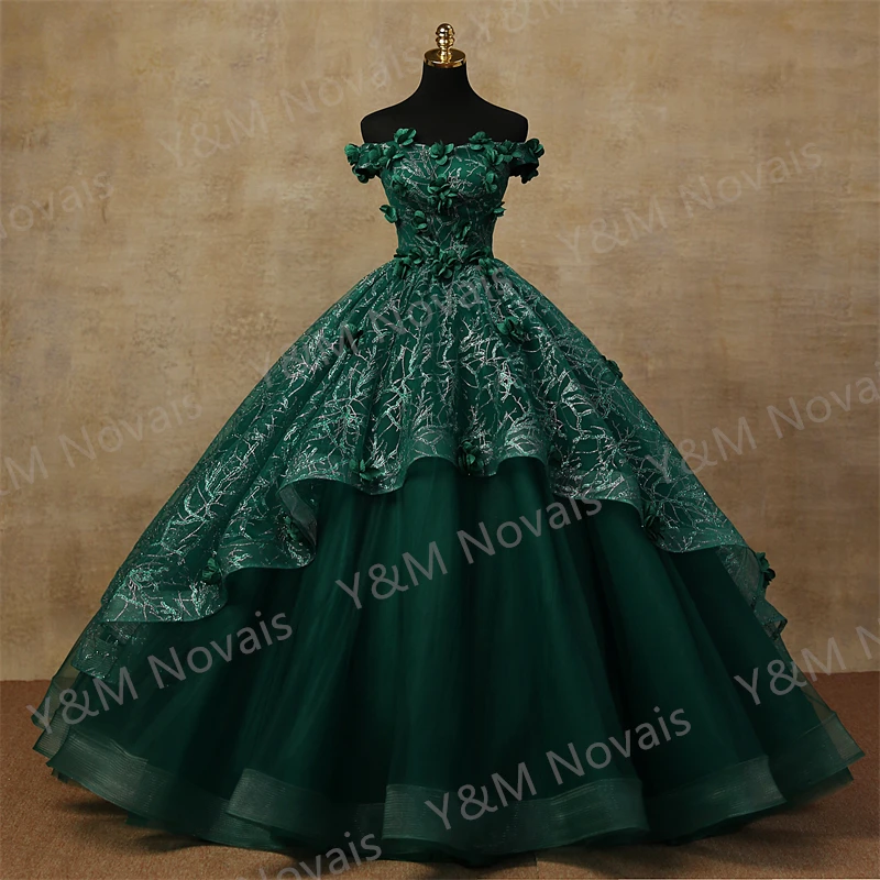 3D Flowers Custonized Glittering Luxury Appliques Quinceanera Dresses Off Shoulder Birthday Party Ball Gown Vestidos de 15 a&ntilde;os