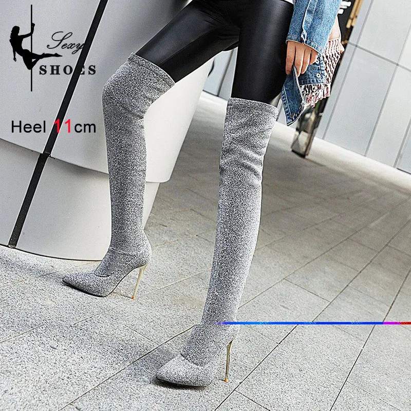 Leopard Print Long Elastic Women Boots Nightclub Over-the-Knee Stripper Heels Boots Winter Plus Plush Pointed Toe Ladies Shoes