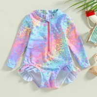 Baby Girl Fish Scale Print Swimsuit 1Piece Long Sleeve Swimwear Floral Zipper Ruffle Toddler Bathing Suit Beach Outfit 1