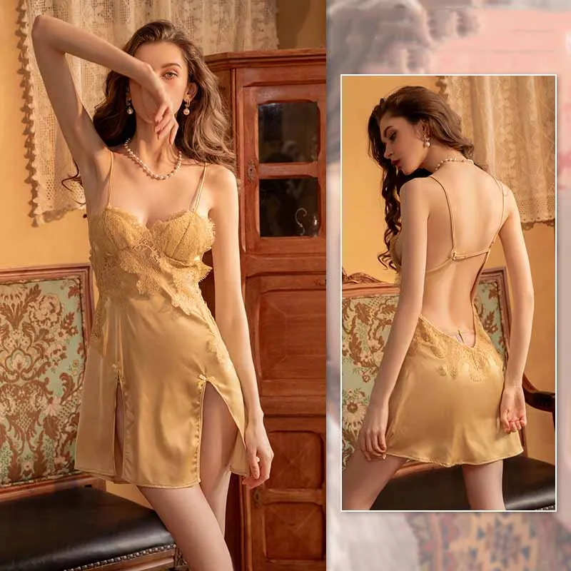 

Lingerie Women Dress Nightdress Babydoll Backless Satin Sling Exotic Porno See Through Dresses Split Silk Nightrobe Underwear