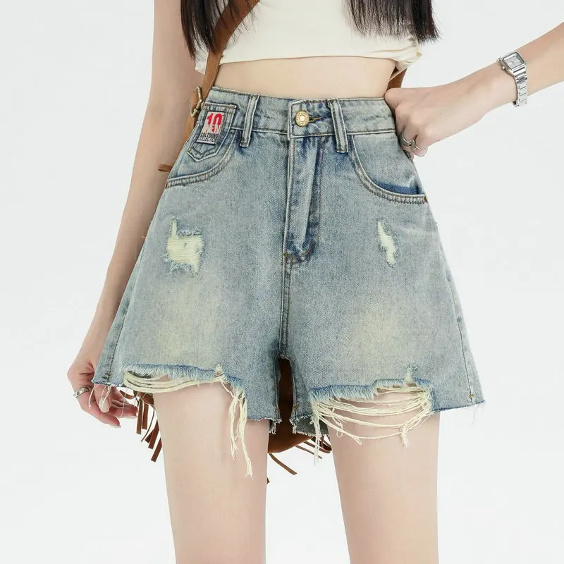 

High waisted distressed denim shorts for women's summer thin style 2024, popular new loose wide leg quarter hot pants this year