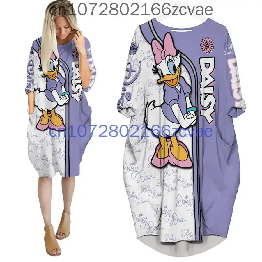 

2024 New Disney Women's Dress New Casual Fashion Daisy Duck Batwing Pocket Dress Street Y2K Loose Women's Batwing Pocket Dress