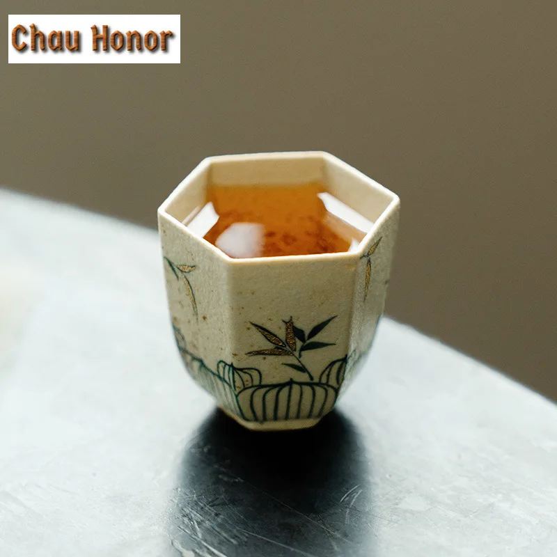 55ml Handmade Gold Drawing Bamboo Shadow Teacup Blue And White Flint Red Personal Master Cup Hexagonal Meditation Cup Drinkware