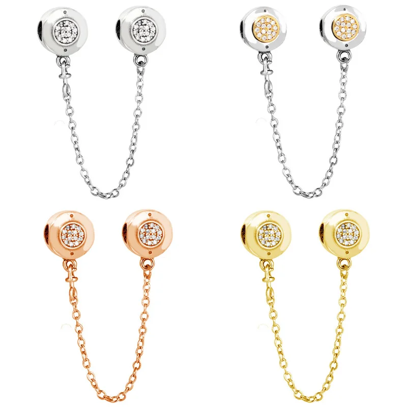 

Original Rose Gold Two-tone Signature With Crystal Safety Chain Beads Fit Europe 925 Sterling Silver Charm Bracelet Diy Jewelry