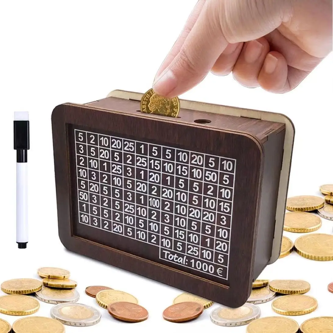 Wooden Money Box 1000/3000/5000/10,000 Euro Reusable with Savings Target and Number Box Home Decoration