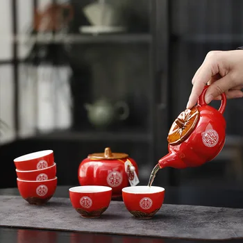 Chinese wedding persimmon teaware set ceramic tea set kung fu tea porcelain orange teapot cup creative