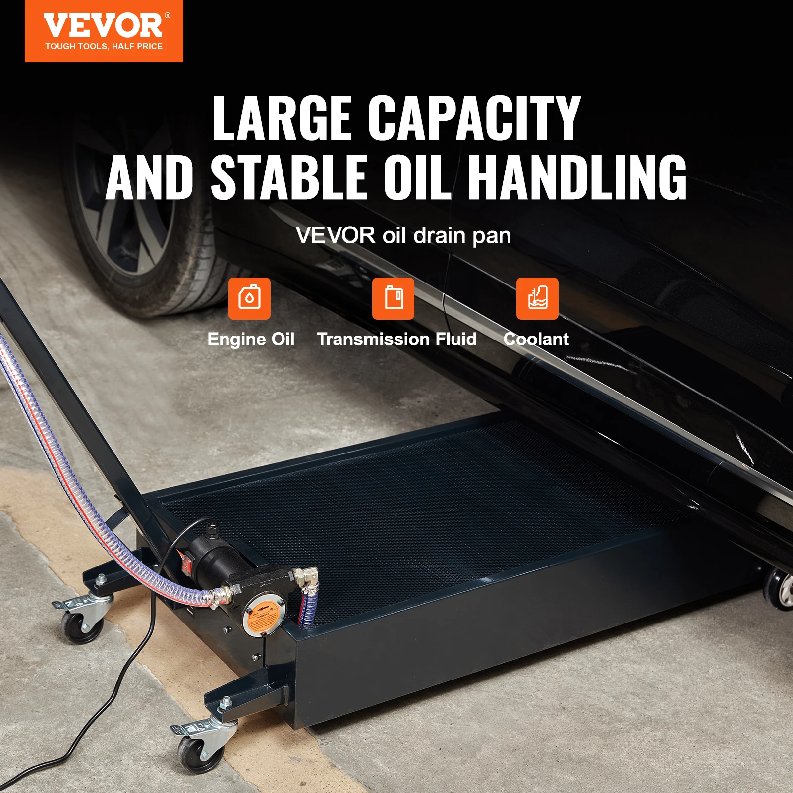 VEVOR 17/20Gal Low Profile Oil Drain Pan Cart with 180W Electric Pump Folding Handle for Trucks Buses RVs Draining Antifreeze