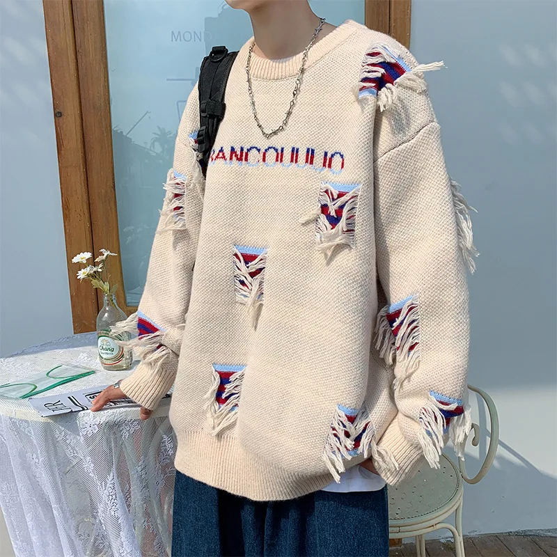 

HOUZHOU Hip Hop Patchwork Men's Knitted Sweater Vintage Men Top Pullovers Blue Ripped Sweaters and Jumpers Male Punk Streetwear