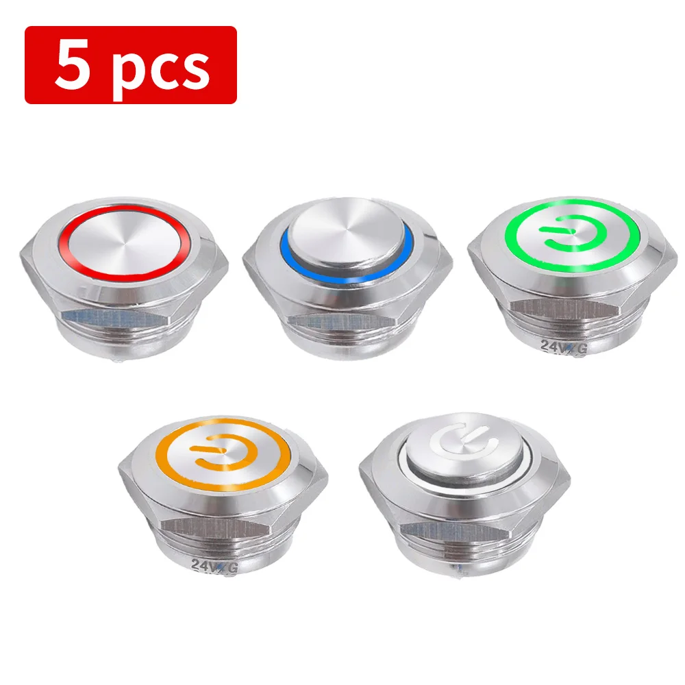 Ultra Curto Botão de Metal Interruptor 12v 12 mm 16 mm 19 mm 22 mm Anel Lâmpada Poder Símbolo Impermeável Led Luz Auto Reconjunto Momentary Pcs