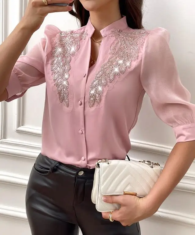 Women's Shirts Floral Leaf Pattern Contrast Sequin Beaded Top Stand Collar Single Breasted Casual Half Sleeved Shirt Pink Shirts доска разделочная tropical leaf pink 30 х 20 см