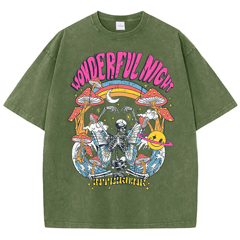 Wonderful Night Skeleton Butterfly Wave Print Mens T-Shirts Fashion Oversized Tops Street Comfortable Clothing Loose Wash Tee