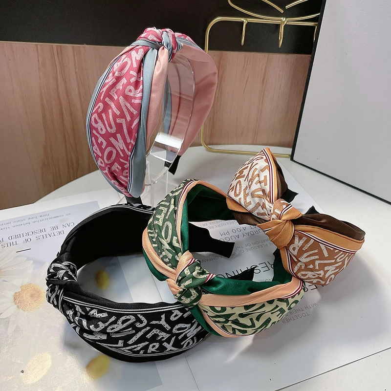 New Fashion Hairband For Women Wide Side Letter Flower Headband Center Knot Casual Turban Travel Hair Accessories