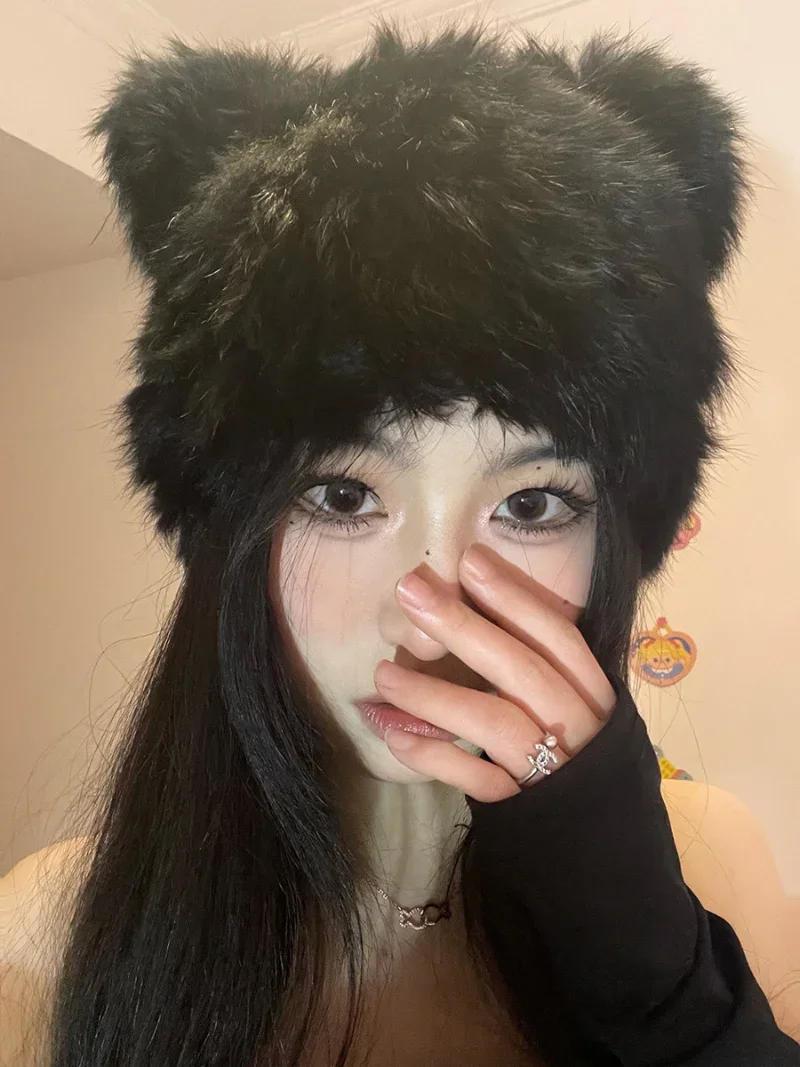 Black bear ears rabbit fur hat cute plush wrap head cap cold warm fur cap Y2k Girls Korean Hats Knitted Hat 2