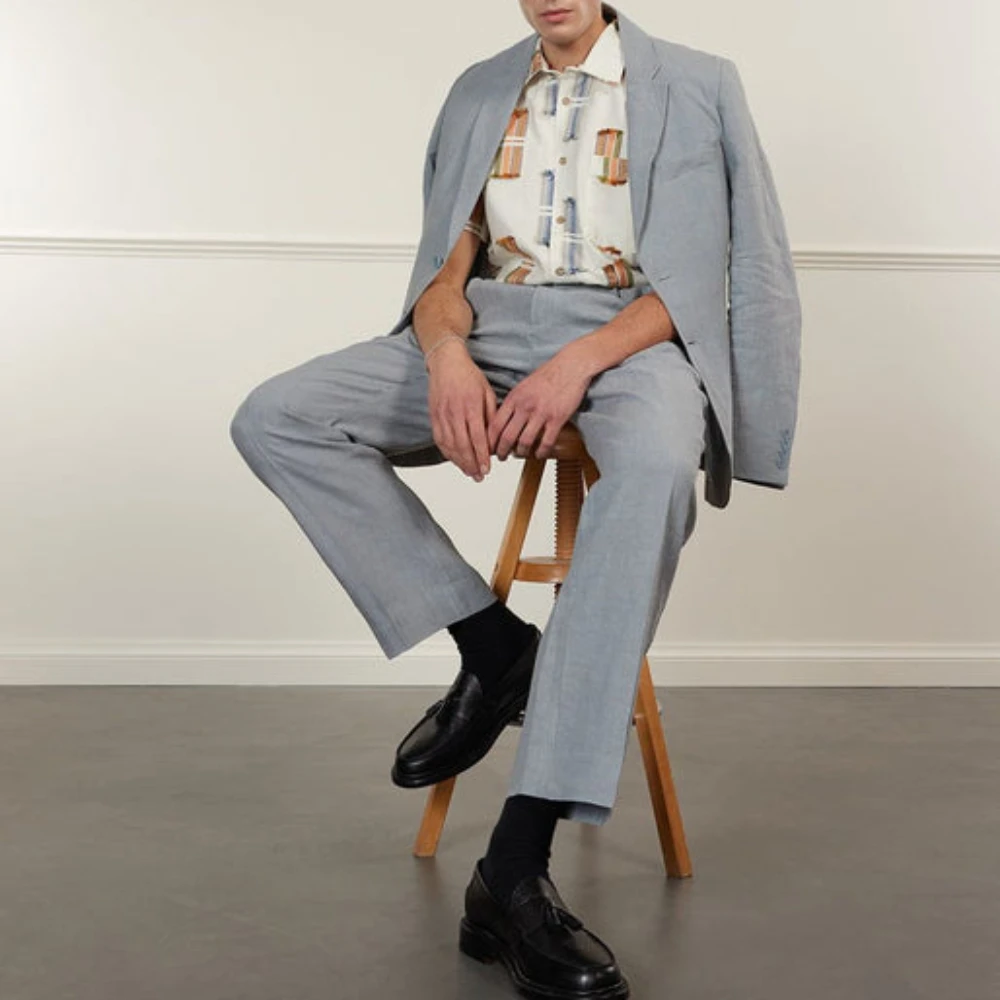 Fashion 2024 Grey Summer Linen Casual Elegant Men Suits Slim Fit Blazers Hombre High Quality Custom 2 Piece Set Costume Homme