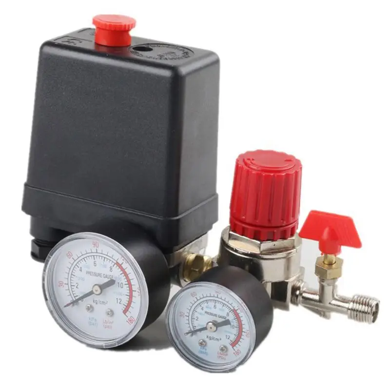 

4 Holes Pressure Switch Manifold Regulator Gauges Air Compressor Pressure Switch Control Valve 90-120PSI, Normally Closed