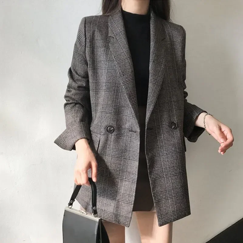 Women Plaid Blazers Coats Korean Elegant Thick Jacket Female Double Breasted Office Lady Fashion Long Overcoat Drop Shipping