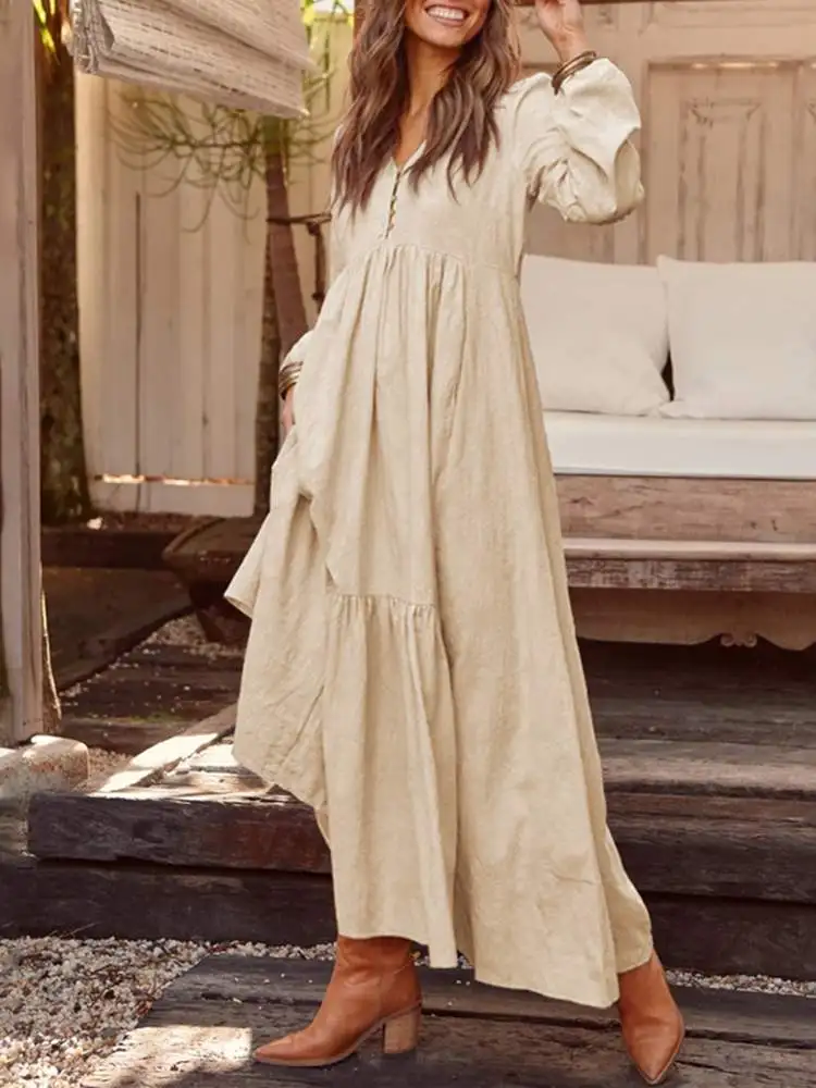 

ZANZEA Casual Puff Sleeve Dress Autumn Tiered Maxi Dress Women Holiday Long Robes Loose V Neck Fashion Vintage Cotton Vestido