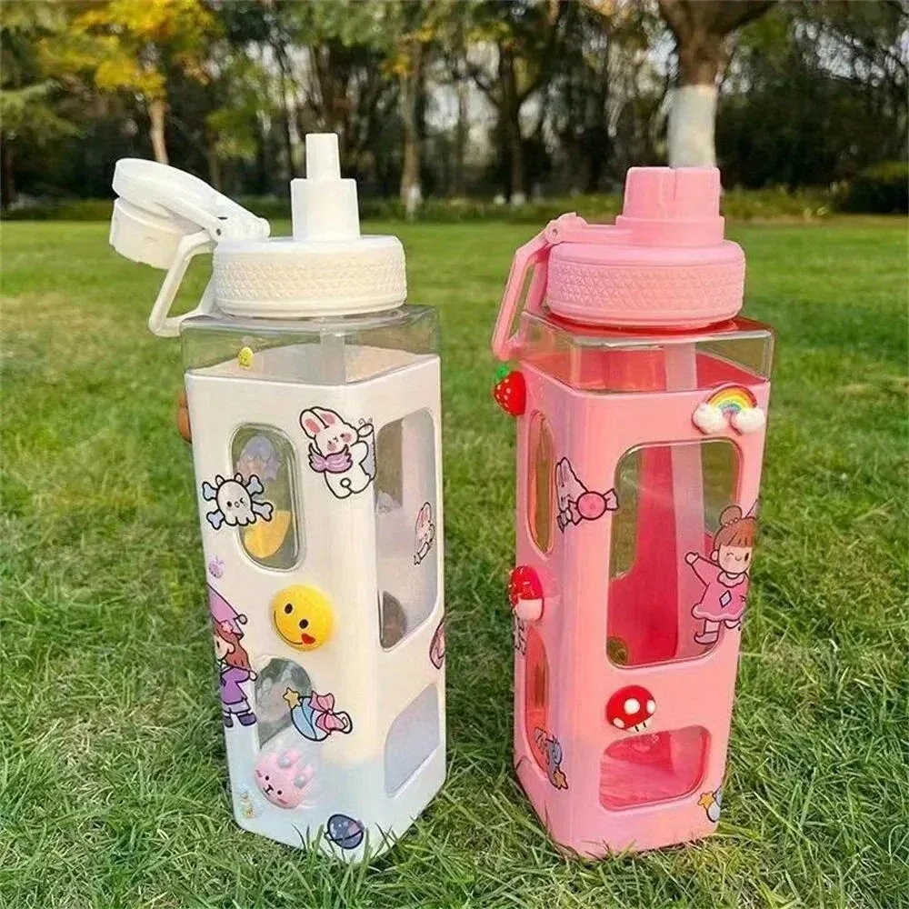 BPA 프리 플라스틱 사각 물컵 휴대용 음료 용기, 귀여운 3D 스티커, 빨대 및 DIY, 1 개, 캠핑 12