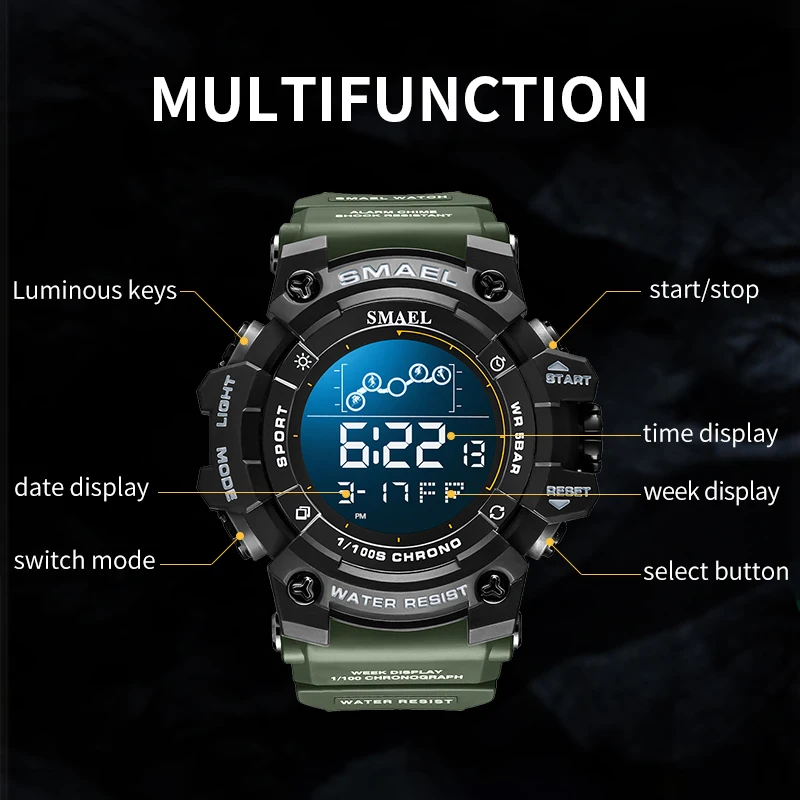 New Digital Watches Men SMAEL Brand Big Dial Shock Resistant