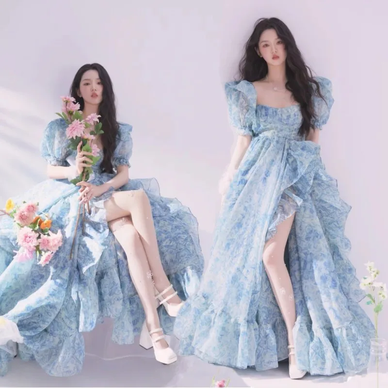 Dvotinst Photography Props Maternity Dresses for Photo Shooting Pregnancy Floral Blue Long Dress Korean Studio Photo Props