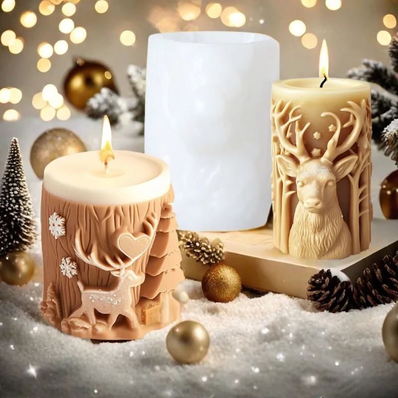 Christmas Elk Cylindrical Scented Candle Silicone Mold DIY Christmas Tree Diffuser Ornament Mold Candle Molds for Candle Making
