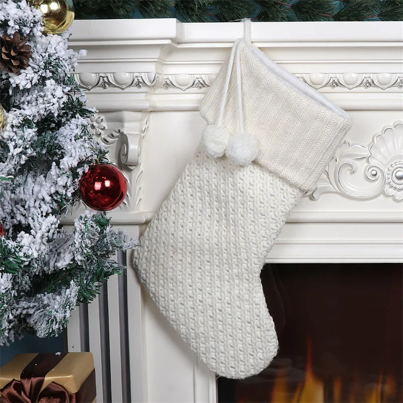 Knitted Christmas Stockings Decoration Christmas Gift Bag Fireplace Decoration Solid Color Socks Xmas Lovely Gift Bag