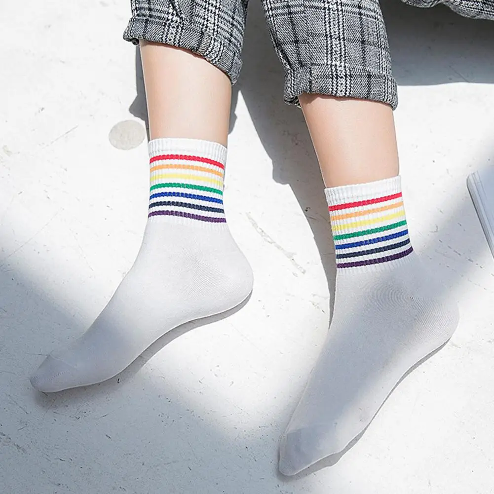 

Lady Socks Rainbow Striped Winter Socks Thick Anti-slip Warm Mid-tube Lady Socks for Ankle Protection Soft Comfort Fashionable