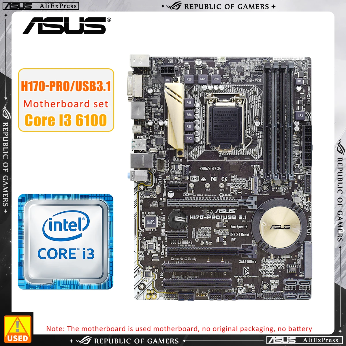 

LGA 1151 Motherboard kit ASUS H170-PRO/USB3.1 with Core i3-6100 cpu Intel H170 Motherboard 4×DDR4 64GB VGA HDMI PCI-E 3.0 ATX