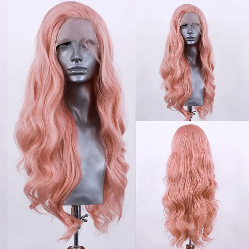 

Bombshell Peach Pink Synthetic Lace Front Wig Glueless Body Wave High Quality Heat Resistant Fiber Preplucked Hairline For Women