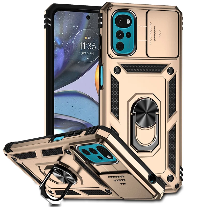 Motorola Moto G22 Protective Armor Case with Slide Lens Cover, Magnetic Holder, and Ring Stand