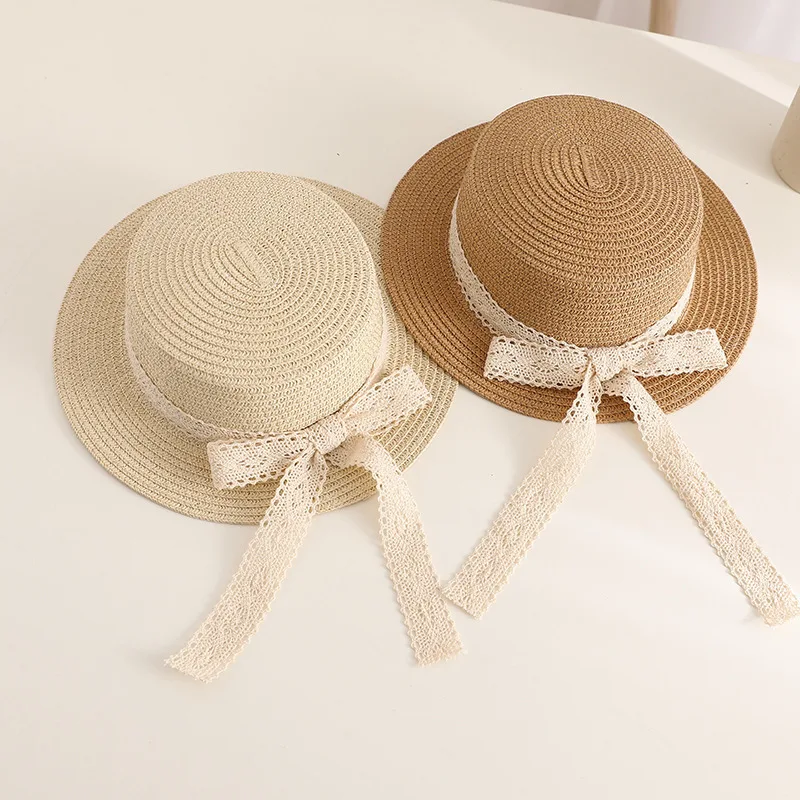 Child Summer Sun Hat Bucket Cap Simple Lace Bowknot Ribbon Flat Top Straw Hat Beach Outing Caps Panama