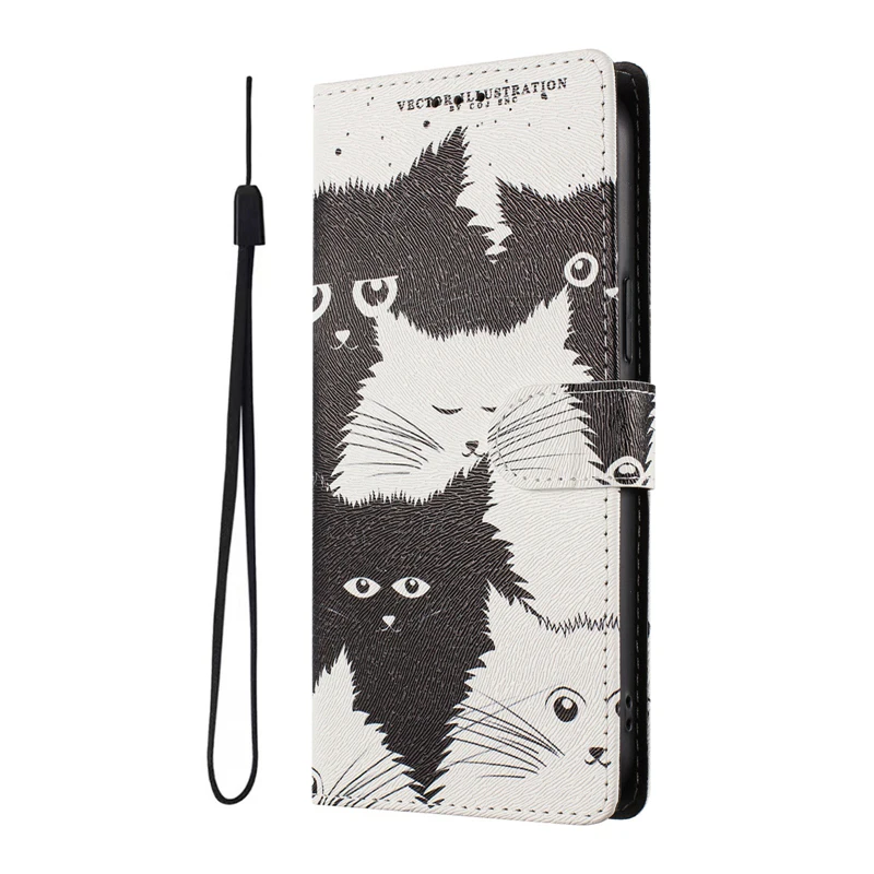 Patterned Leather Flip Phone Case with Cute Cat and Flower Design