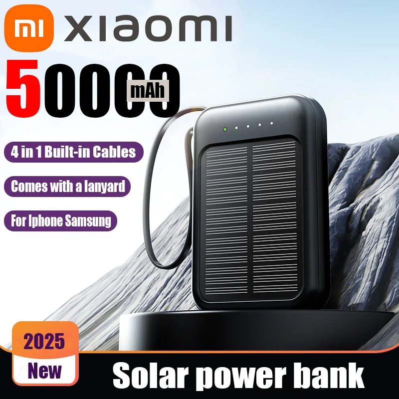Power Bank 50000mAh Capacity Solar 4 in 1 Built in Cables with LED Lights for Huawei Xiaomi Samsung Apple