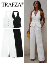 TRAFZA Women Fashion Solid Pant Suit Halter Single Breasted Sleeveless Blazer Vest Top Zipper Fly Trousers Office Lady Sets