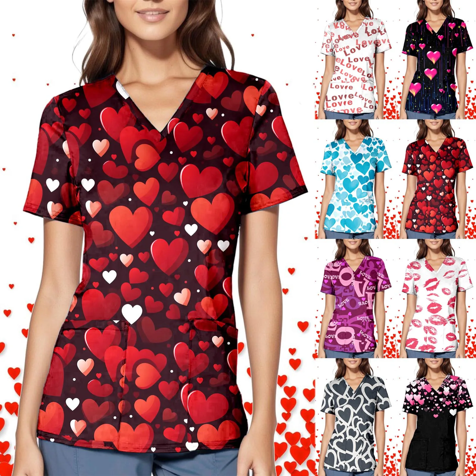 

Valentine's Day Tunic Scrub Tops Women Print Nurses Uniform Overalls Pocket Shirt Nursing Medical Healthcare Scrubs Nurse Tops