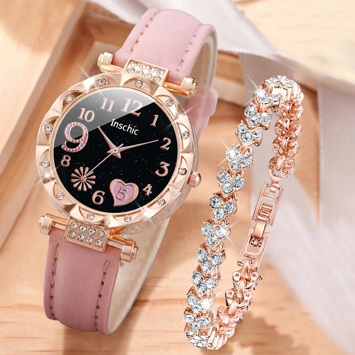 6PCS/Set Women's Fashion Watch Love Romantic Round Dial Leather Quartz Watch with Love Diamond Bracelet