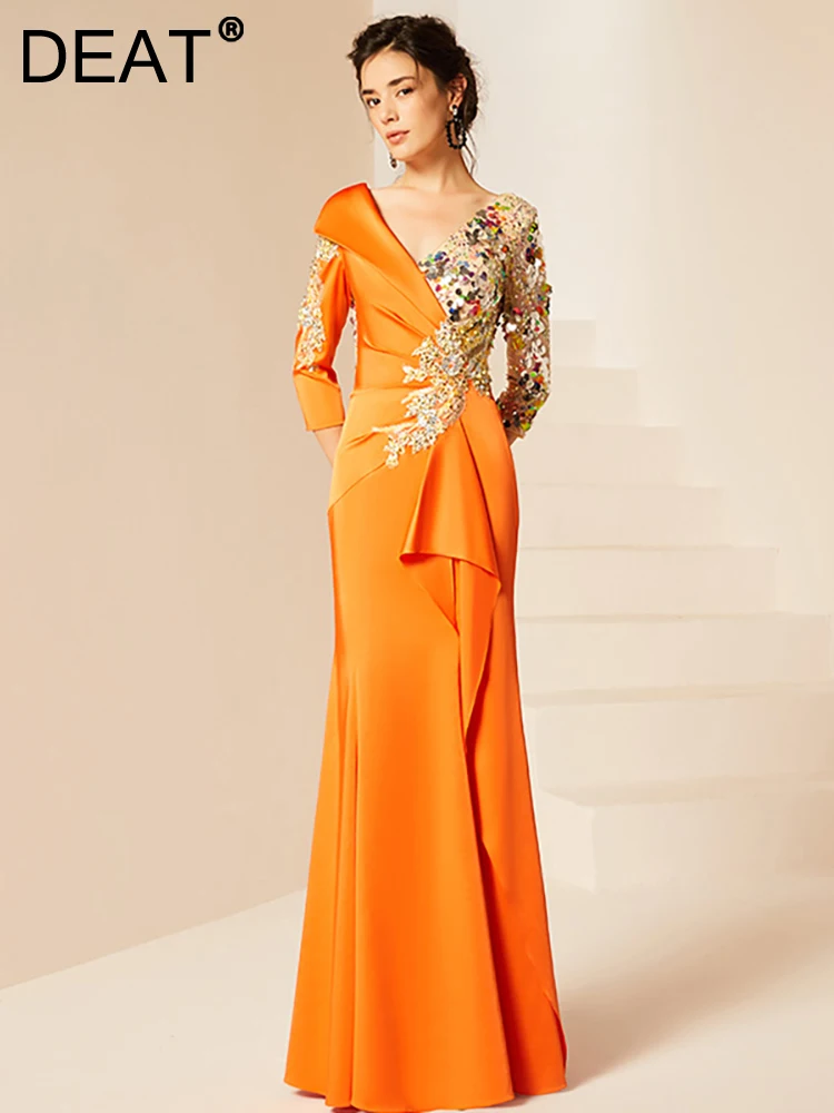 

DEAT Women Fashion Evening Dress V-neck Three Quarter Irregular Sequins Backless Elegant Party Dresses Autumn 2024 New 13DB2961