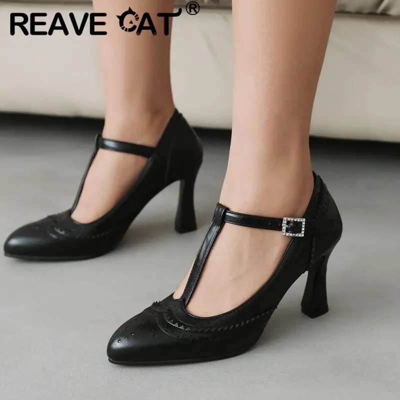

REAVE CAT Design Office Lady Pumps Pointed Toe Strange Heels 8cm Hollow Bucke T-strap Plus Size 42 43 Elegant Women Daily Shoes