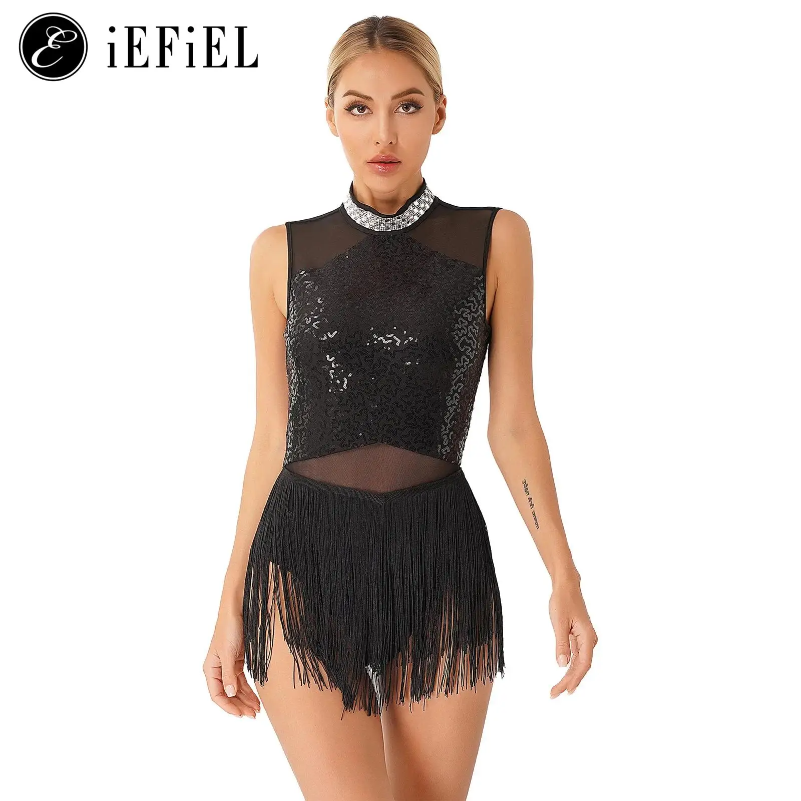 Women Sequins Diamond Latin Jazz Dance Costume Sleeveless Cutout Back Flowy Tassel Dress Leotard Tango Cha-Cha Samba Dancewear