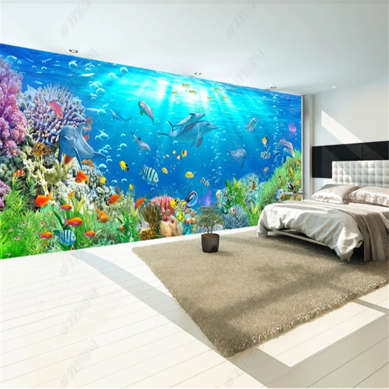 水中世界壁画壁紙リビングルームのためのイルカサンゴ魚学校背景ウォール寝室の壁紙 壁紙 Aliexpress