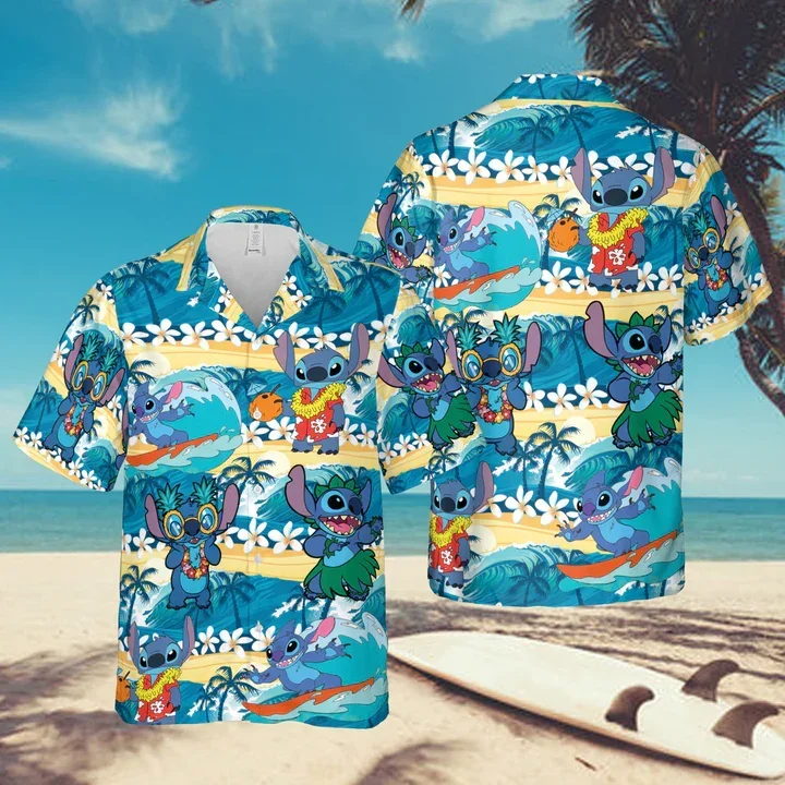 

Гавайские рубашки Disney Stitch, Гавайские мужские рубашки, Повседневная рубашка на пуговицах с коротким рукавом, Винтажная футболка, топы