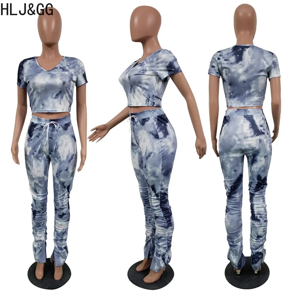 HLJ&GG Fashion Tie Dye Printing Stacked Pants Two Piece Sets Women Round Neck Short Sleeve Crop Top And Skinny Pants Outfit 2024
