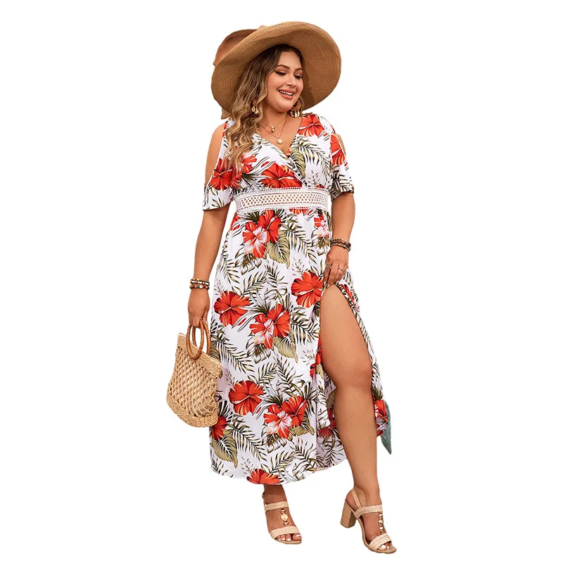 Plus Size Women's European and American off-the-shoulder printed dress beach v-neck short-sleeved loose full-length dress